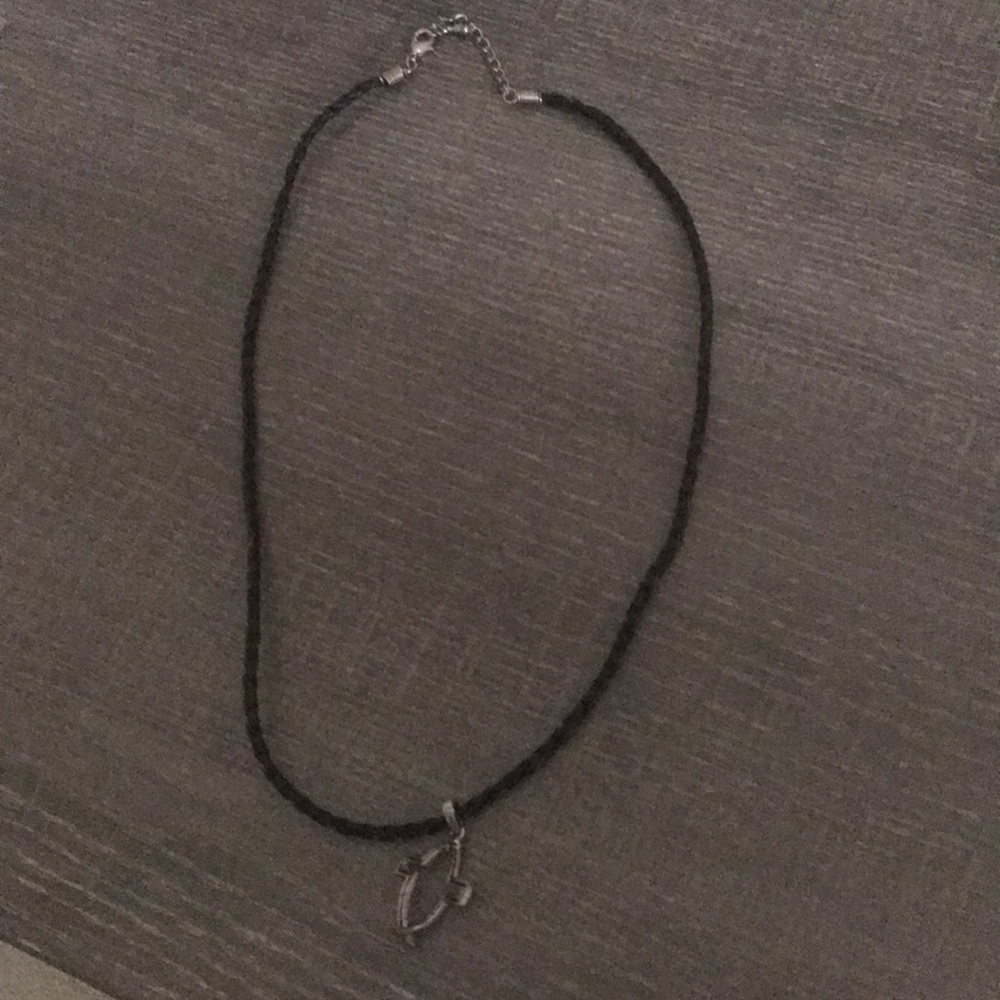 Cross necklace on black faux rope  chain Unisex